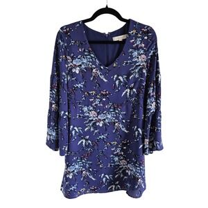 LOFT Petites Purple Floral Tiered Bell Sleeve V-Neck Shift Dress 4P Boho